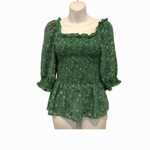 Max Studio Smocked Green Floral Blouse NWT